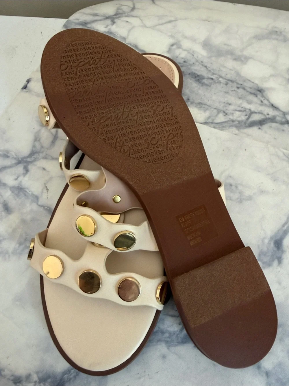 kensie Cream Slide Sandals with Gold Stud Accents